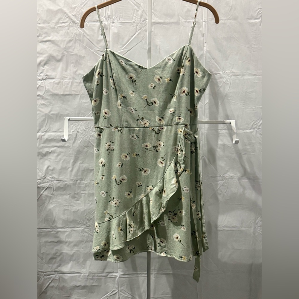 City Triangles Sage Green Floral Wrap Mini Dress